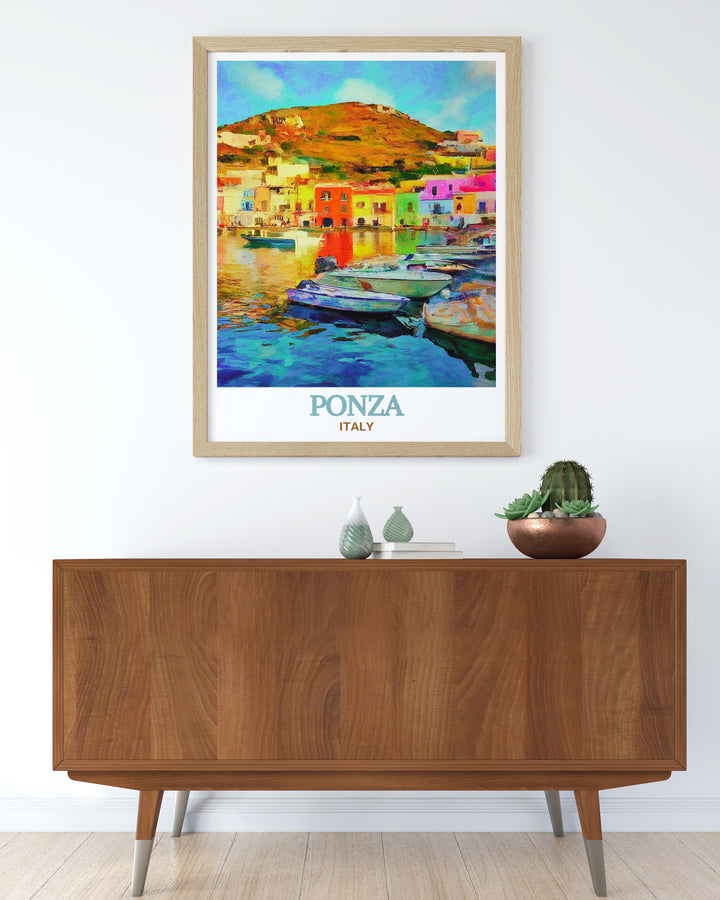 The picturesque Ponza Harbor in Italy is featured in this stunning print. The artwork showcases the harbors lively scene, with its bustling boats and charming buildings, making it a perfect addition for those who appreciate Italian coastal charm. Add a touch of Ponzas beauty to your space with this elegant print.