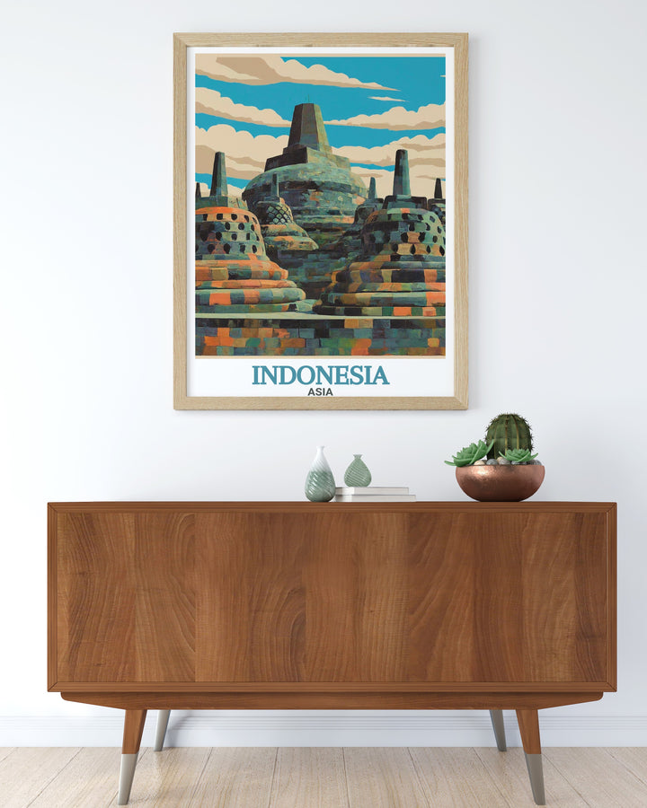 Celebrate the architectural wonder of Borobudur Temple and Balis lush landscapes with this stunning Indonesia travel print. Perfect for adding a cultural touch to any living space, this artwork highlights the best of Indonesias heritage.