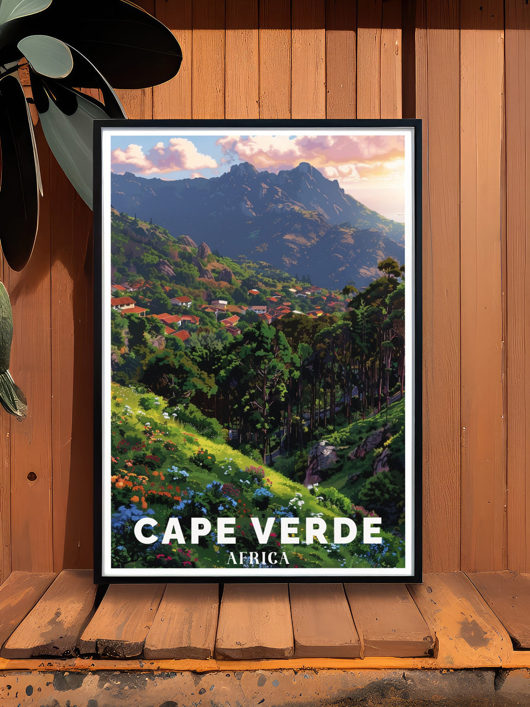 This Cape Verde poster print captures the majestic beauty of Mount Verde, the highest point on Sao Vicente, alongside the stunning coastlines of Cape Verde. The vibrant colors and detailed design bring the islands rugged volcanic terrain and serene Atlantic views into any space.