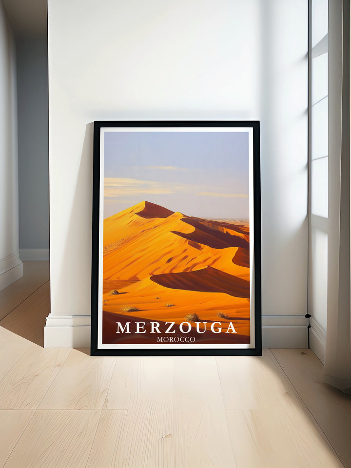 Experience the beauty of Morocco with Merzouga Poster and Erg Chebbi Dunes Wall Art These stunning prints bring the warm hues of the desert and the tranquil blues of the sky into your home adding a touch of exotic elegance to any room or office