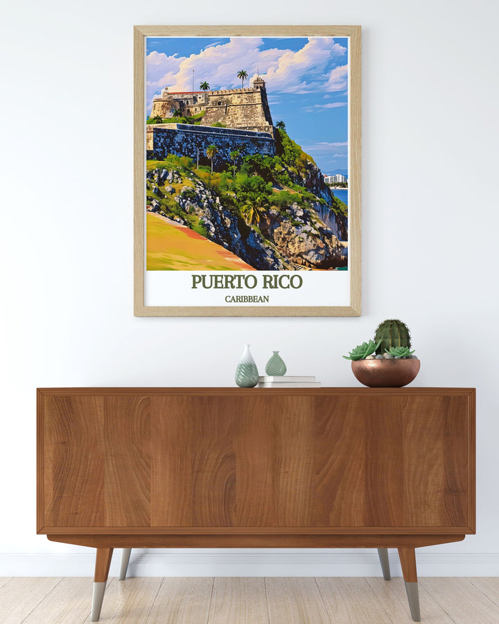Unique Arecibo wall art featuring the historic CARIBBEAN, Castillo San Felipe del Morro. This travel poster print captures the essence of Puerto Ricos culture and landscape, making it a perfect addition to any art collection or as a special gift.