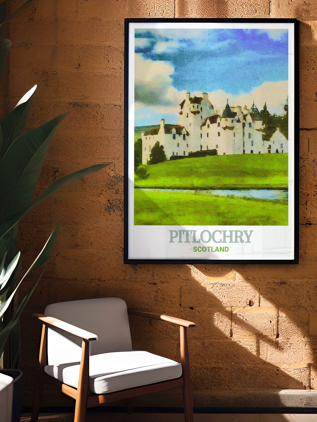 Scotland vintage poster featuring Blair Castle and the surrounding Highlands, with their timeless beauty and historical significance. This custom print is a perfect addition to any collection, offering a glimpse into Scotlands past and present.