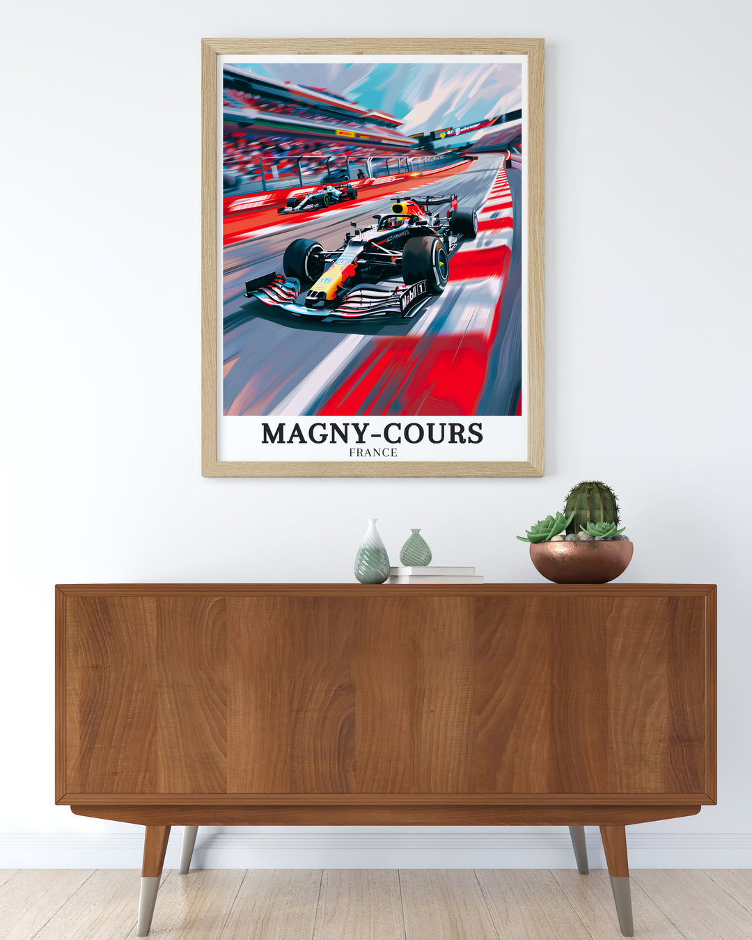 This travel poster of Magny Cours showcases the legendary Circuit de Nevers Magny Cours and Bugatti Circuit, offering a vibrant depiction of two of Frances most iconic racetracks. Perfect for fans of motorsport and French racing history.