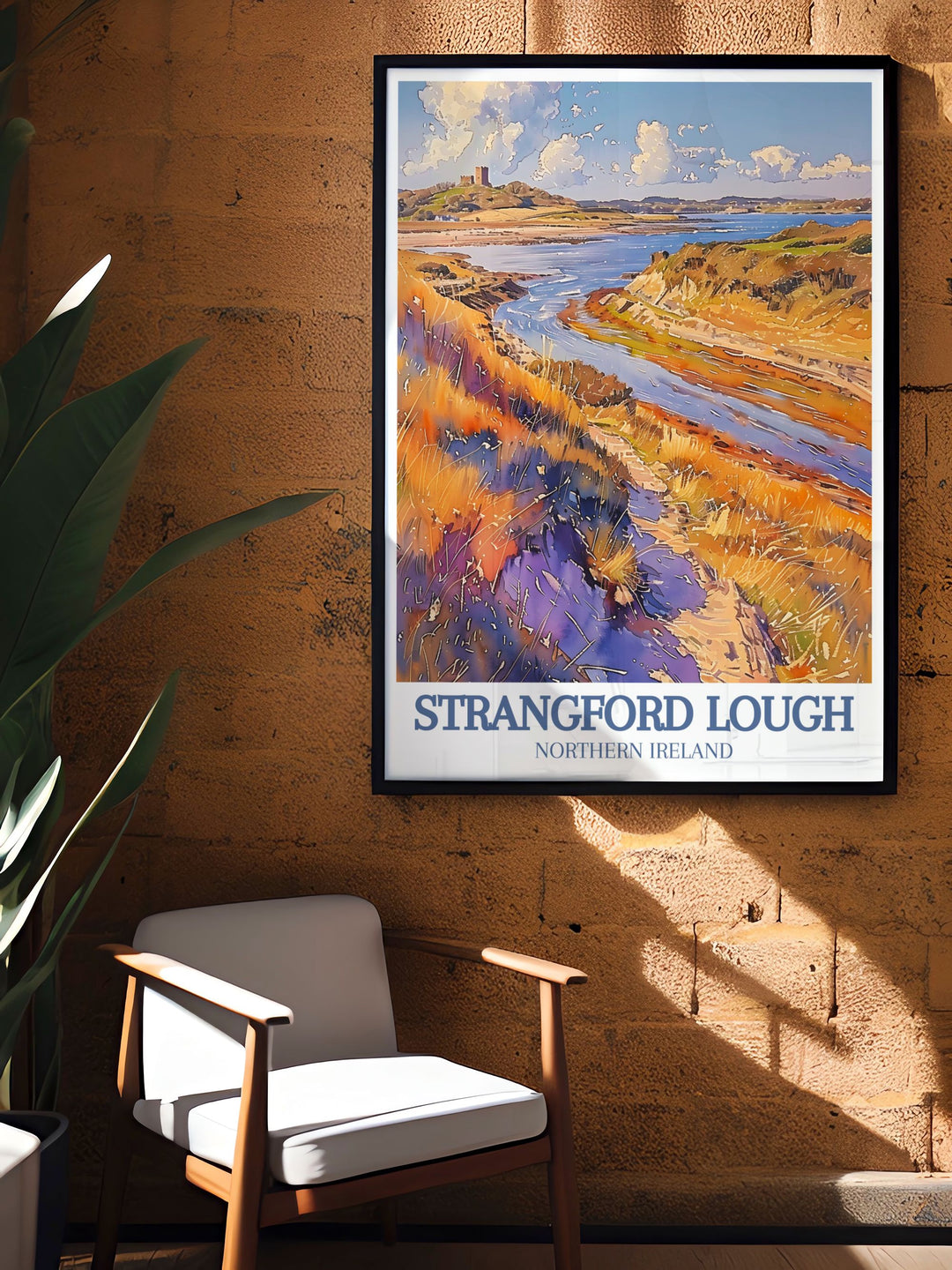 Stunning living room decor with Audley Castle Strangford Lough Marine Nature Reserve print bringing the serene landscapes of County Down into your home