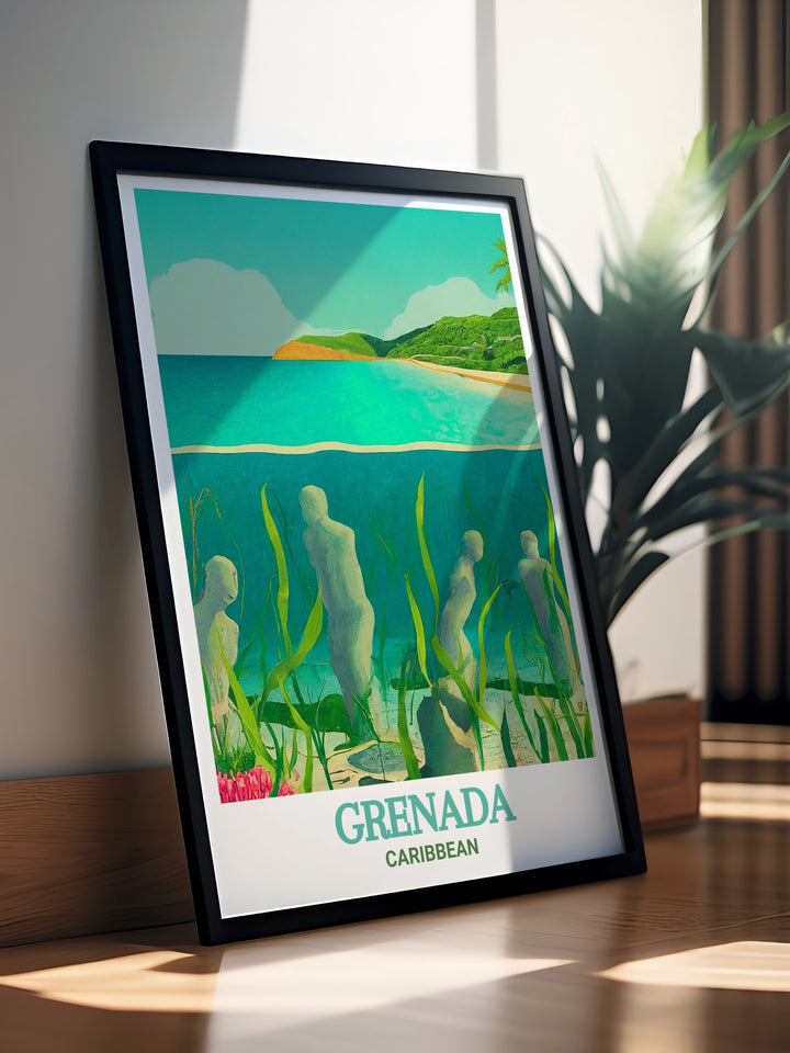 Fine line print of the Underwater Sculpture Park, capturing the tranquility and intricate details of this unique Grenada attraction. A perfect addition to any art collection or as a thoughtful gift for loved ones. Enhance your home decor with this stunning piece.