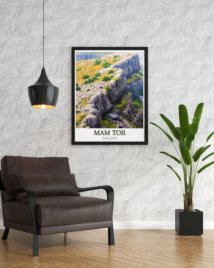 Vintage travel print of Mam Tor landslip and the Great Ridge peaks showcasing the scenic beauty of the Peak District perfect for home decor or hiking trail gifts