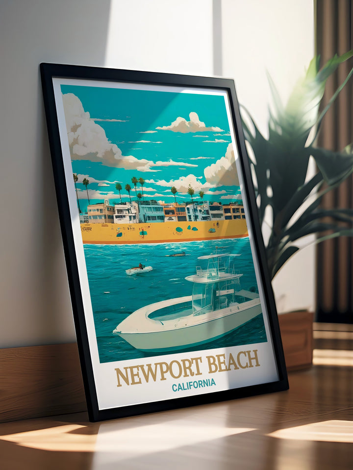 Balboa Island travel poster captures the scenic beauty of Newport Beach with vibrant colors and intricate details. A perfect addition to any room evoking memories of sun soaked shores and the soothing sound of waves. Ideal for California travel enthusiasts.
