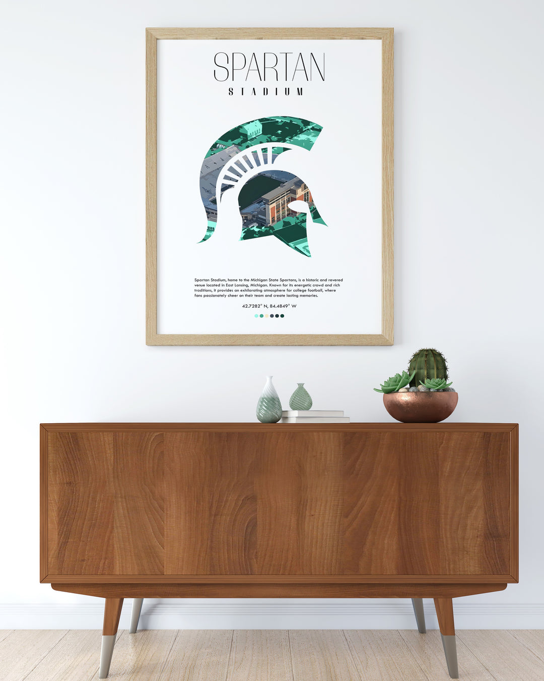 Beautifully designed East Lansing print of Spartan Stadium highlighting the rich history of Michigan State football