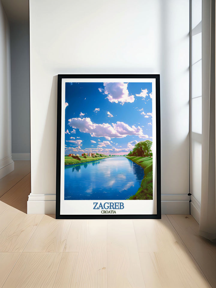 Sava River modern print showcasing tranquil waters and picturesque landscapes. Perfect for adding a touch of Croatian elegance to your home or as a holiday gift.