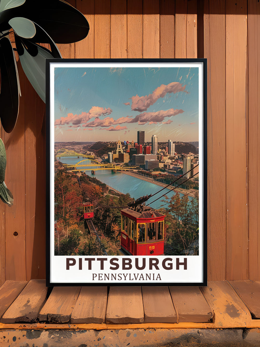 This Pittsburgh poster print highlights the Duquesne Incline against the city skyline. The artwork captures the historic Incline, Pittsburghs industrial landscape, and the Ohio River in the background, making it a stunning piece of wall art perfect for city lovers and art collectors.