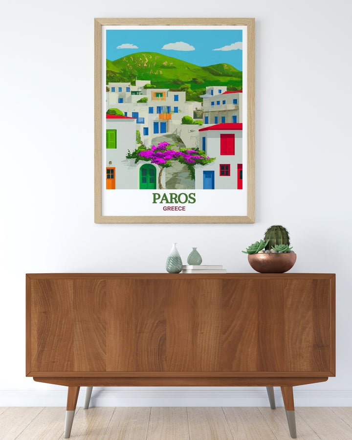 Bring the cultural heritage of Paros into your home with this travel poster, featuring the picturesque Lefkes Village and the captivating Cycladic landscape. The artwork celebrates the islands traditional charm and natural beauty.