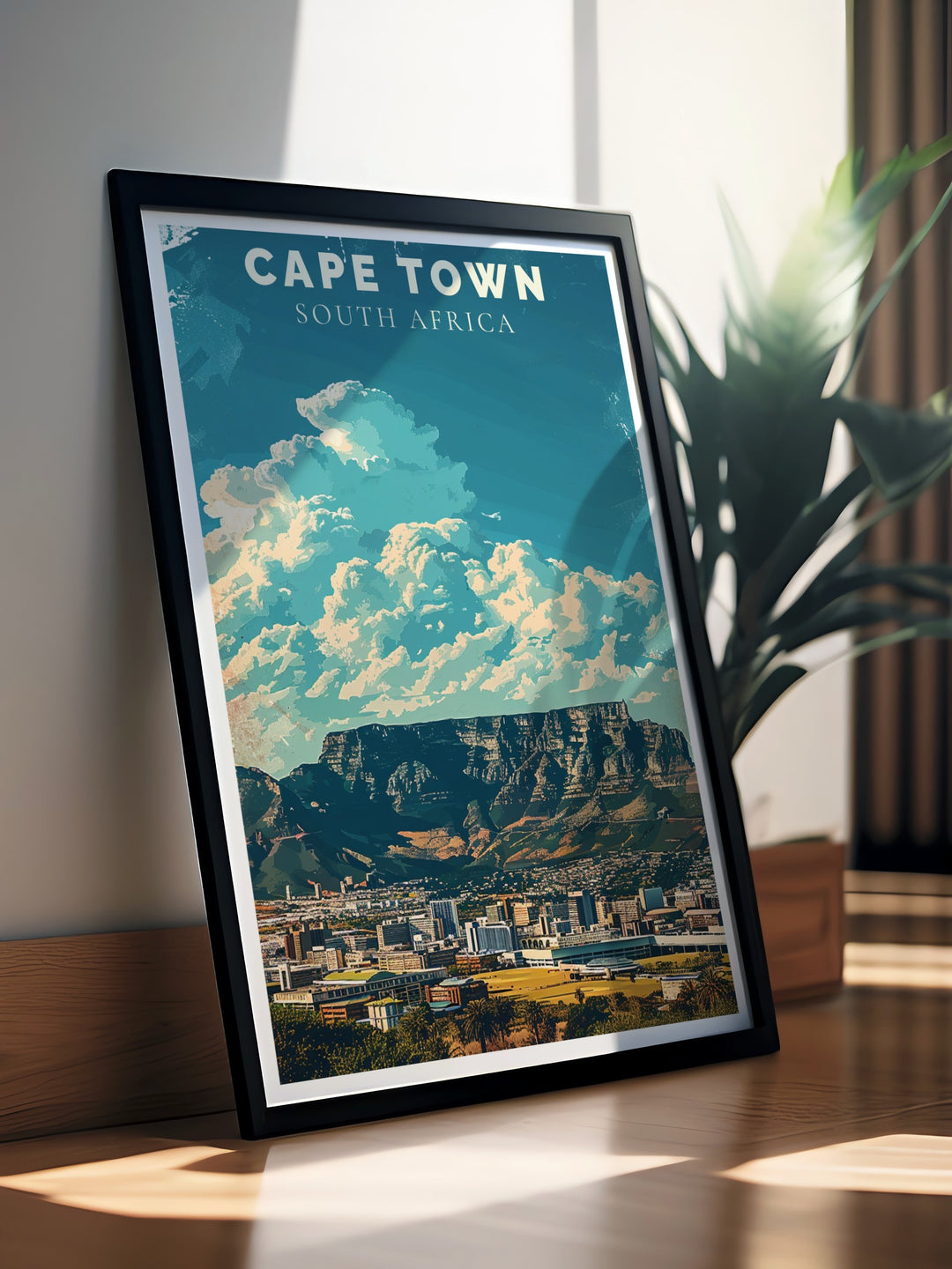 Add a touch of Cape Towns charm to your home with this Table Mountain wall art. This retro travel print is perfect for creating a stylish and modern living space. Ideal for gifting to those who love South Africa or nature inspired decor.