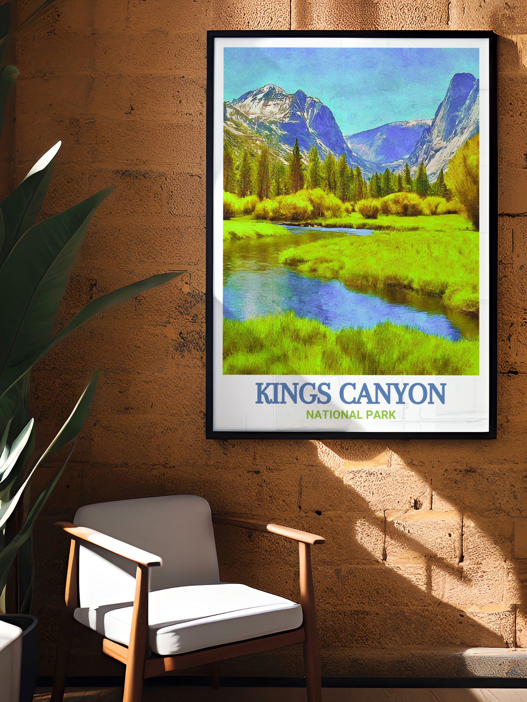 Kings Canyon National Park wall art highlighting the beauty of Zumwalt Meadow, with its peaceful river and dramatic cliffs. This travel poster is perfect for nature lovers who want to add a touch of the wilderness to their home decor.