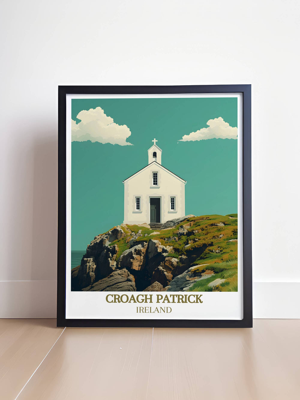 Celebrate Irish heritage with this Ireland travel print featuring Croagh Patrick and the historic St Patricks Church. This artwork beautifully captures the essence of Westport Ireland ideal for home decor