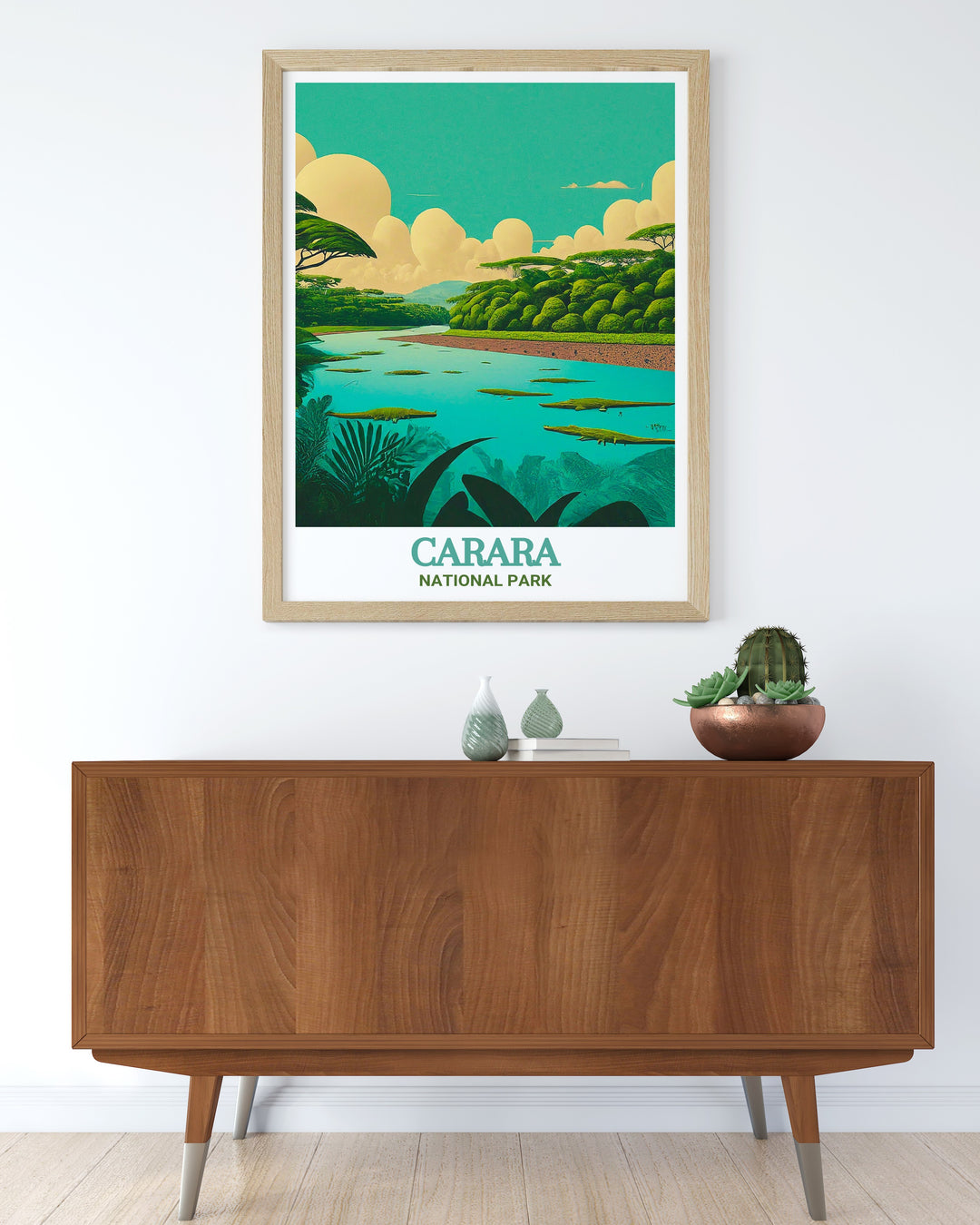 Carara National Park Poster Print features a vibrant scene of lush rainforest and the Tarcoles River in Costa Rica. This artwork captures the beauty of the parks wildlife and ecosystem, making it ideal for nature lovers and adventurers alike.