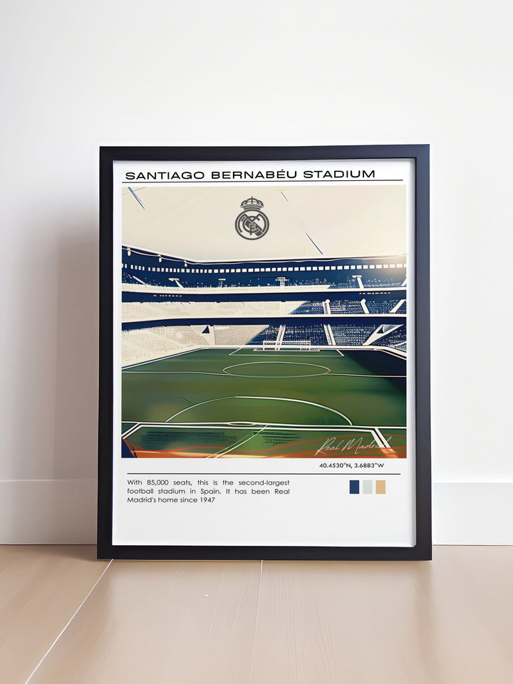 Santiago Bernabeu art print showcasing Real Madrid and rising star Jude Bellingham a great football printable for sports enthusiasts and mid century modern decor