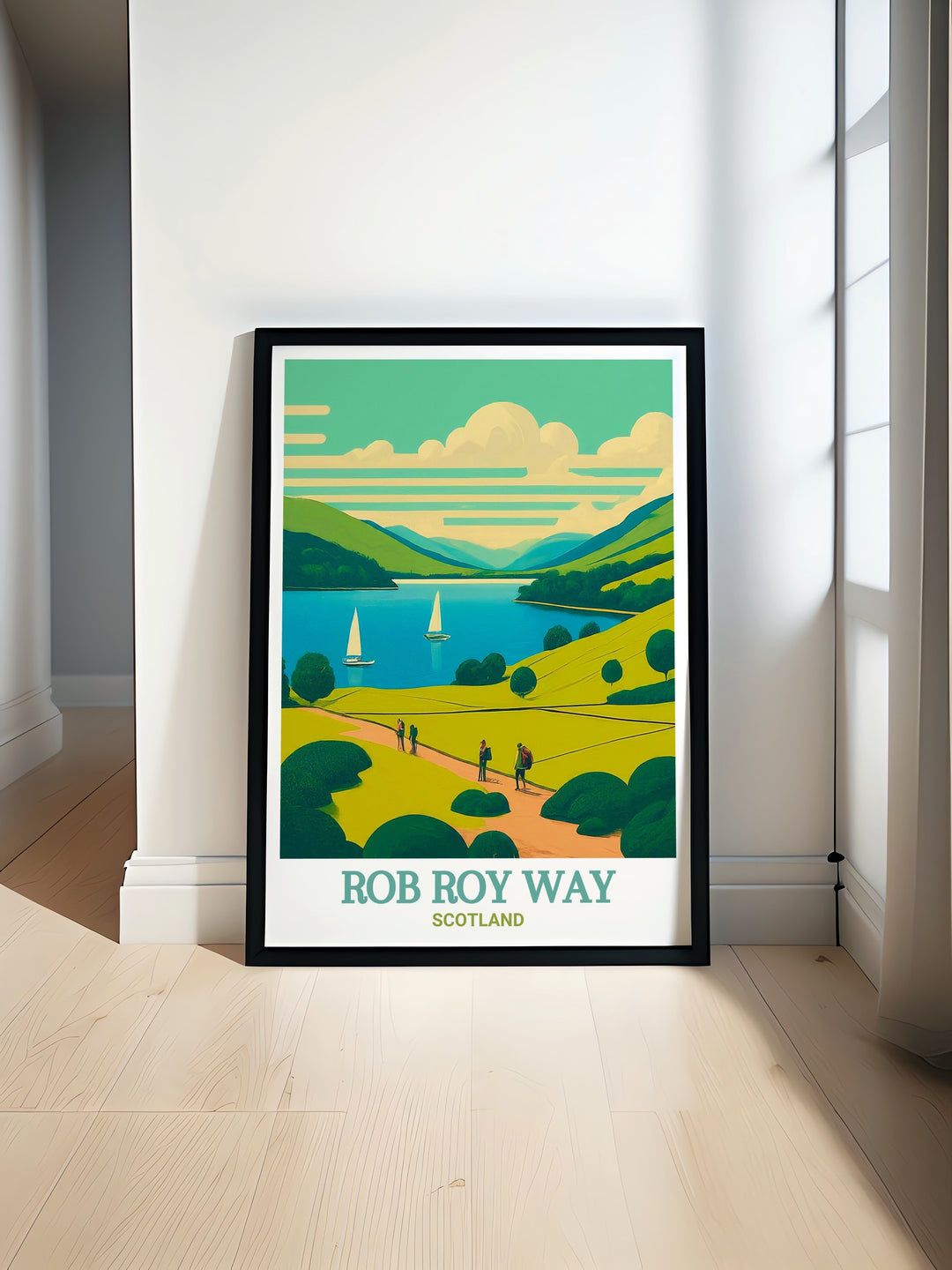 An elegant framed art piece showcasing the serene beauty of Loch Ard along the famous Rob Roy Way. A perfect gift for nature lovers, hikers, and anyone who dreams of Scotlands great trails.