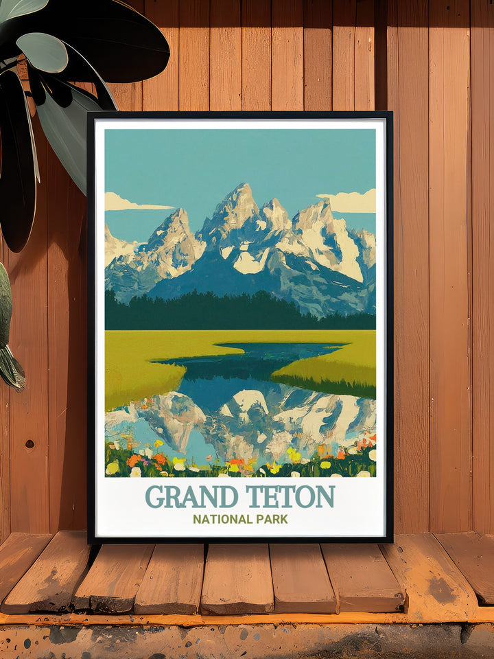 Grand Teton wall art featuring the breathtaking scenery of the Teton Range, surrounded by the tranquil lakes and vibrant forests of Grand Teton National Park. The intricate details of this print make it a striking focal point in any room, perfect for adding a touch of natures majesty to your decor.