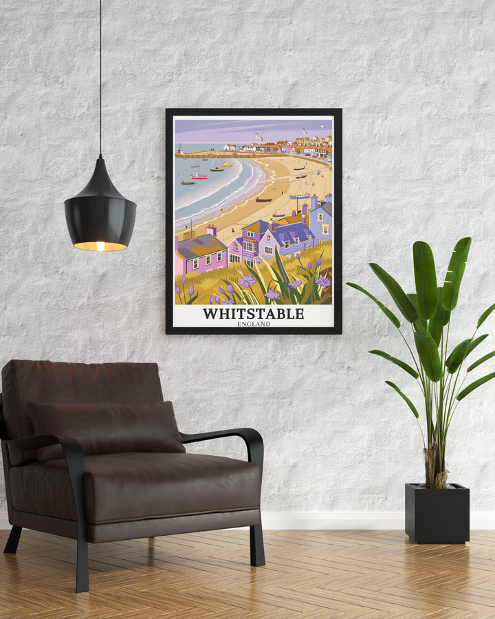 Whitstable Beach scenic print depicting the serene coastline and picturesque waterfront. This print brings the relaxing and peaceful essence of Whitstable Beach into your home, perfect for beach lovers and travellers.