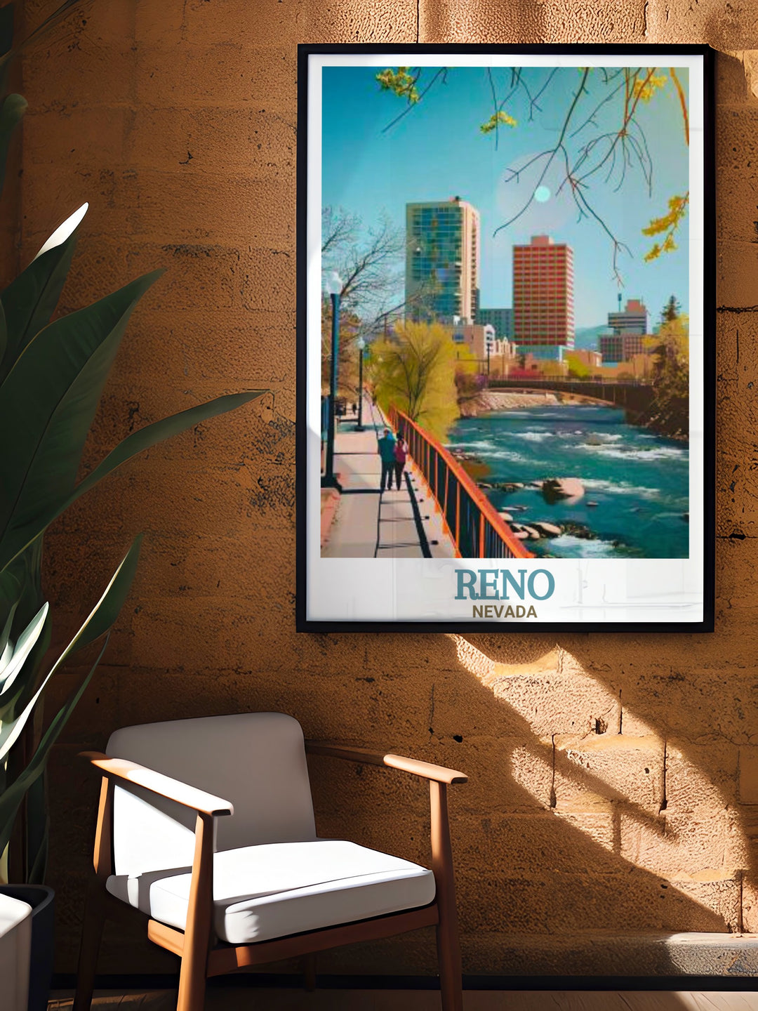 A detailed travel print of Renos Truckee Riverwalk, showcasing the peaceful waters of the river flowing through the city. The artworks fine lines and rich colors make it an excellent gift for those who love Nevada and its unique blend of natural and urban landscapes.