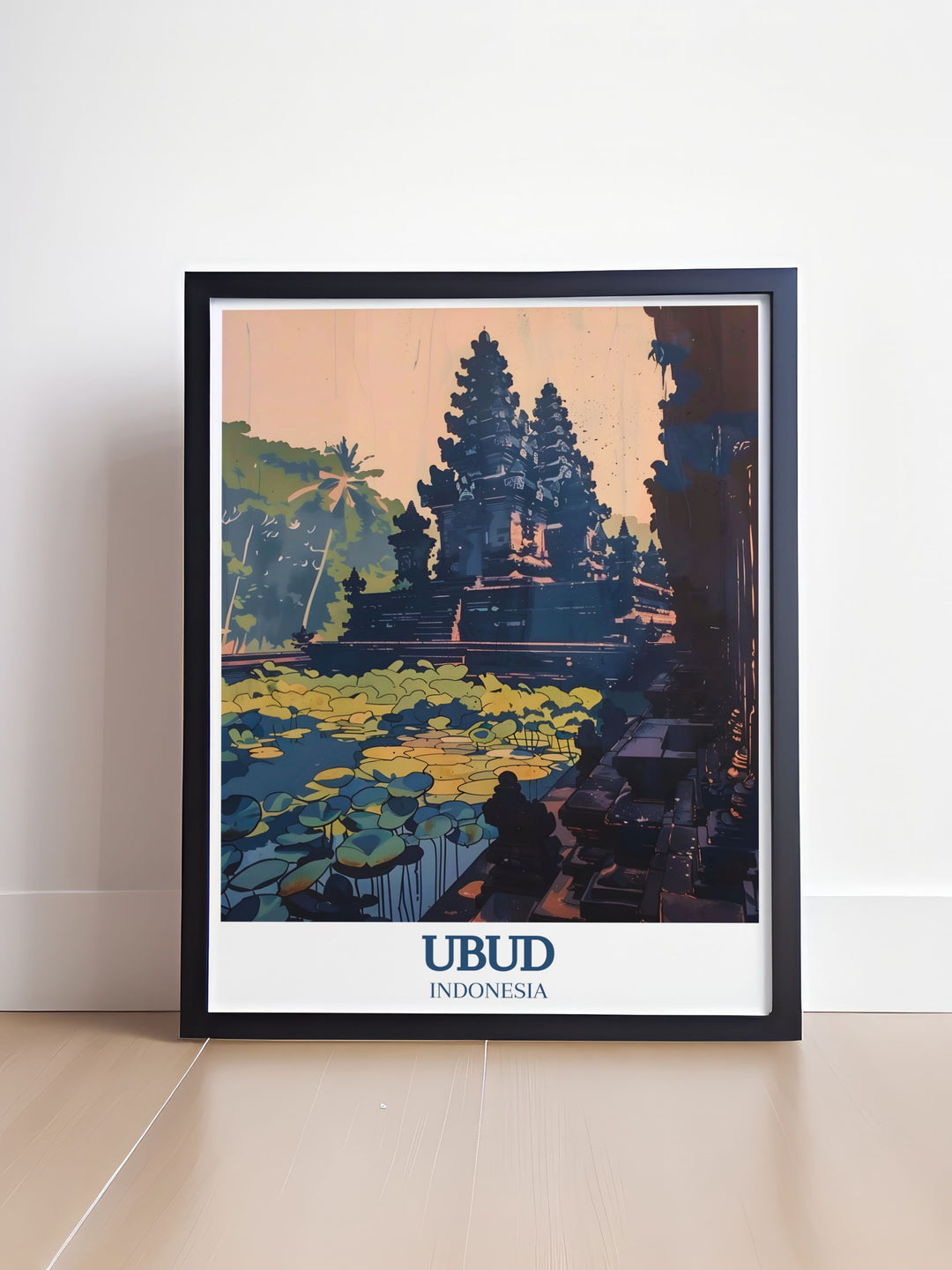 This Bali art print features the spiritual Pura Taman Saraswati and the peaceful Lotus Pond in Ubud, combining nature and architecture in a beautiful piece for your home. A great gift idea for lovers of travel and culture.