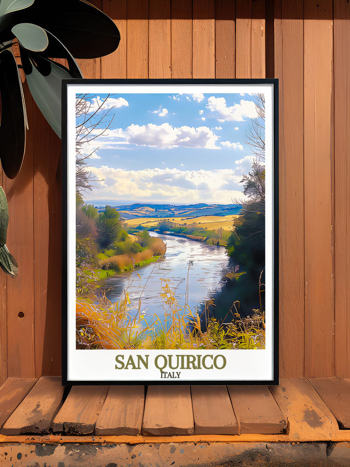 Featuring vivid colors and intricate details the San Quirico Archway Poster Print pairs wonderfully with Orcia River modern decor. This art print transforms any room into a colorful and elegant space. Great for gifts or as part of your wall art collection.