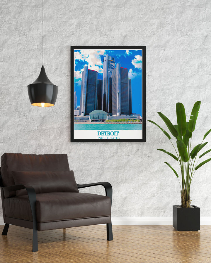 Stunning wall art of Detroit capturing the vibrant charm and historical richness of The Renaissance Center, perfect for adding a touch of urban elegance to your living space.