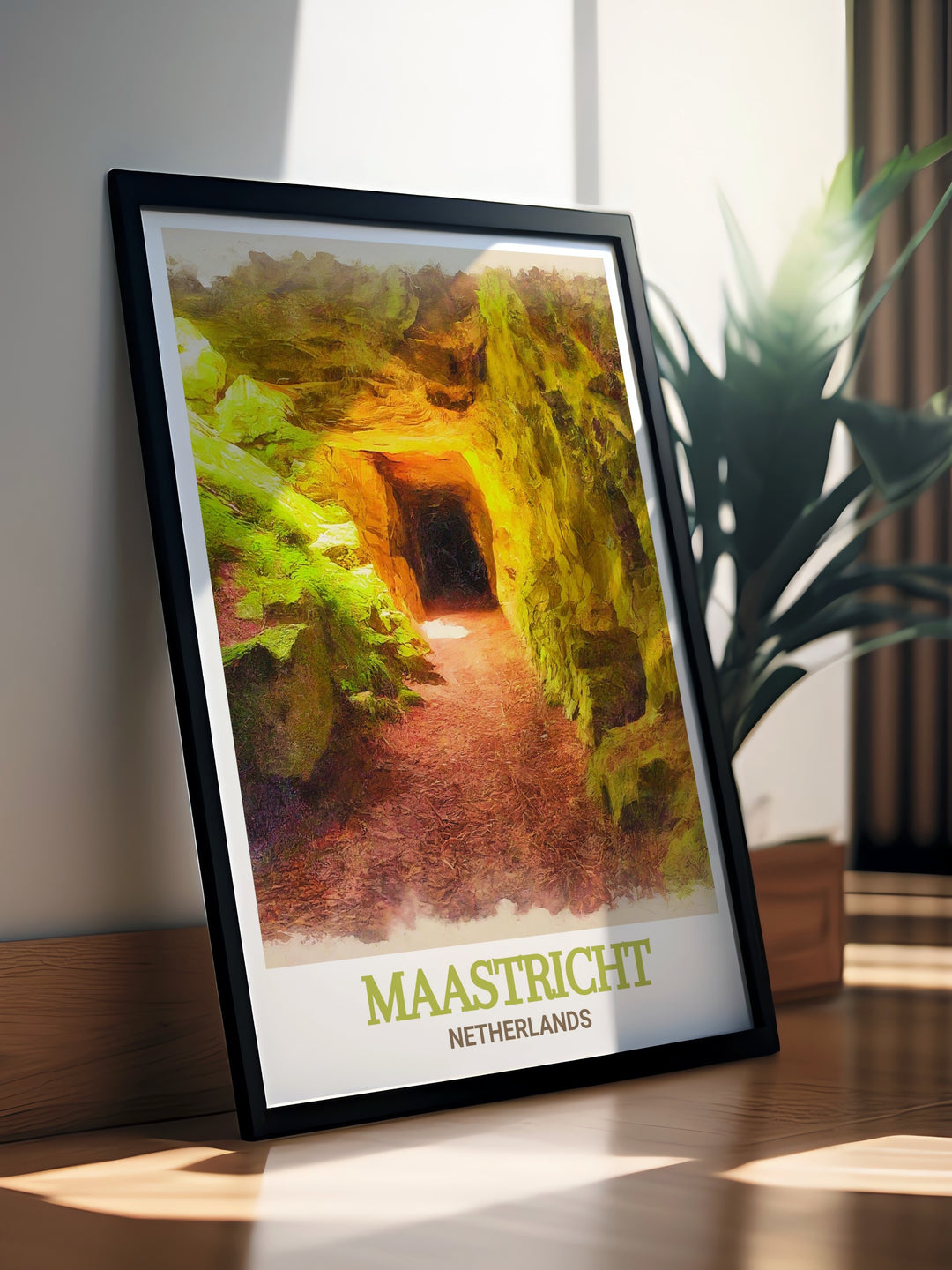 Maastricht Poster showcasing the fascinating St. Pietersberg Caves in the Netherlands. This travel poster is perfect for anyone who loves history and adventure, offering a detailed view of one of the Netherlands most intriguing landmarks. The high quality print makes it a perfect addition to any home, adding a touch of mystery to your decor