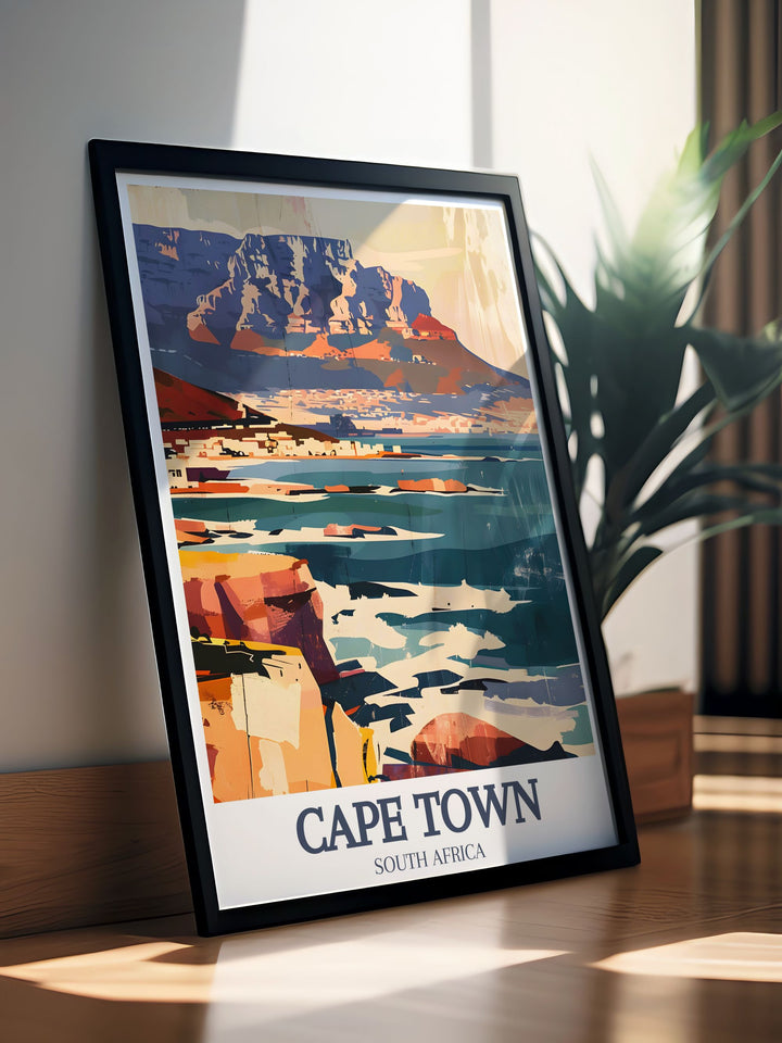 Discover the charm of Cape Town with this South Africa art print featuring Table Mountain and Cape of Good Hope. This travel poster is ideal for those who love South African landmarks and want to showcase their passion for Cape Town decor.