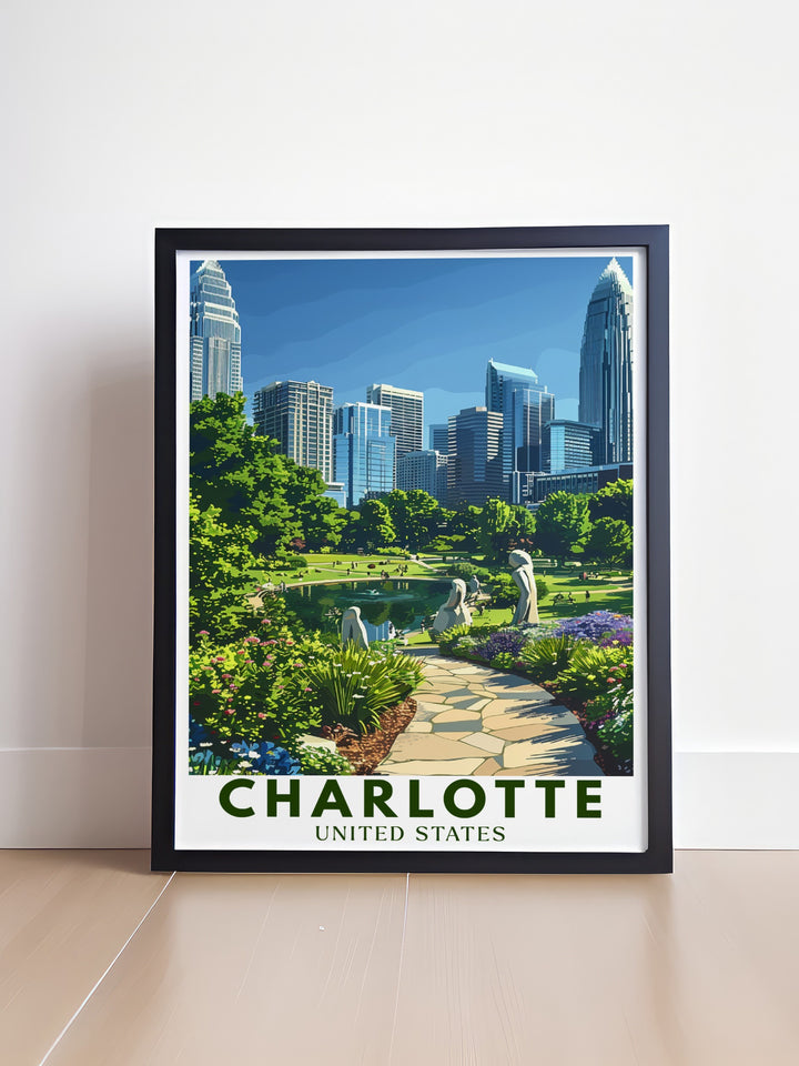 Featuring Romare Bearden Park, this Charlotte canvas art captures the harmony between nature and urban design in the city. With the Bank of America Corporate Center towering in the background, this travel print is a celebration of Charlottes unique charm. Its detailed lines and colorful palette make it a standout piece for any room.