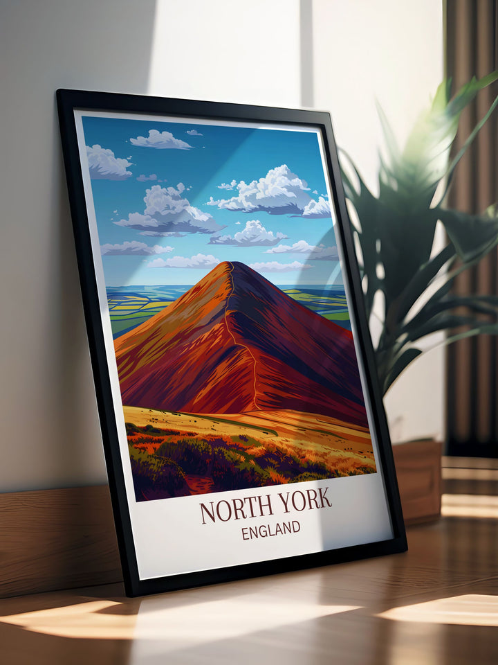 This art print captures the majestic presence of Roseberry Topping, showcasing its distinctive shape and the stunning vistas from its summit, ideal for those who love hiking and scenic views.