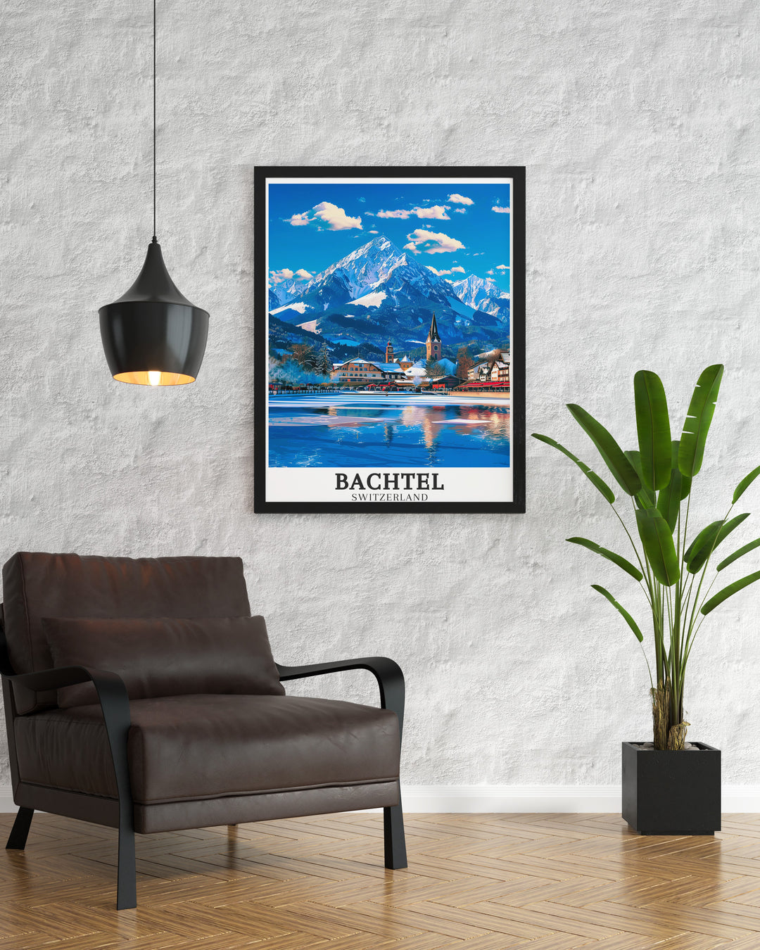 Charming poster of Bachtel in Zurich Oberland, highlighting the serene landscapes and cultural charm of this unique Swiss location. Perfect for those who appreciate Swiss culture and natural beauty. High quality print ensures a lasting addition to your home.