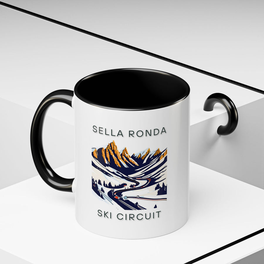 A premium Sella Ronda mug displaying the areas scenic beauty in vibrant detail. Made from durable ceramic, dishwasher and microwave safe, combining practicality with artistic expression for everyday enjoyment or special occasions, celebrating the Sella Rondas unique spirit.