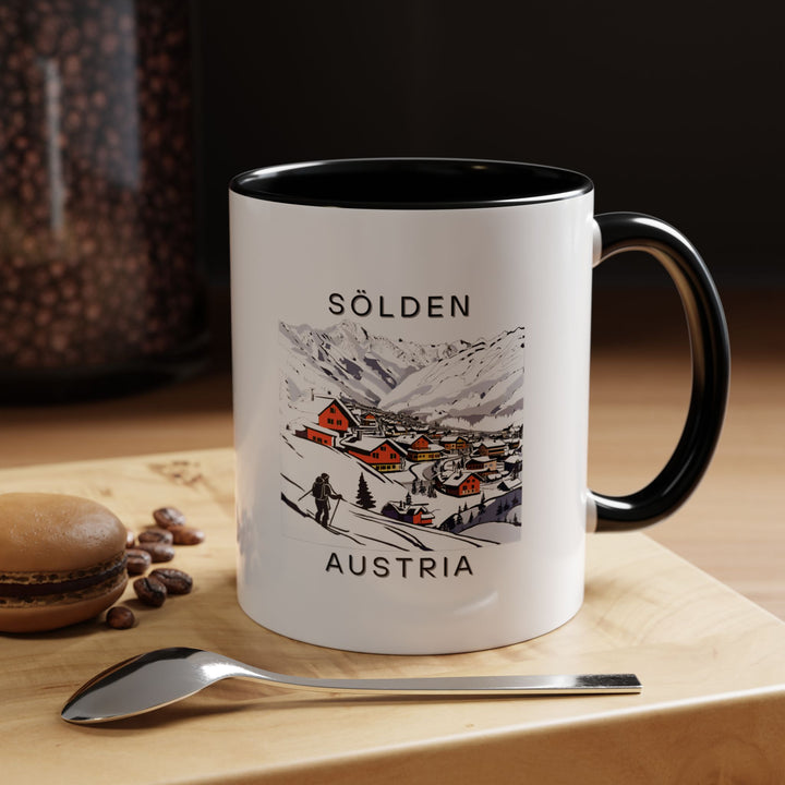 The Sölden Austria mug features detailed artwork of the picturesque town, ideal for enjoying your favorite beverages. Made of durable ceramic, this mug is perfect for travel lovers or those who appreciate the beauty of Austria. Dishwasher and microwave safe for convenience.