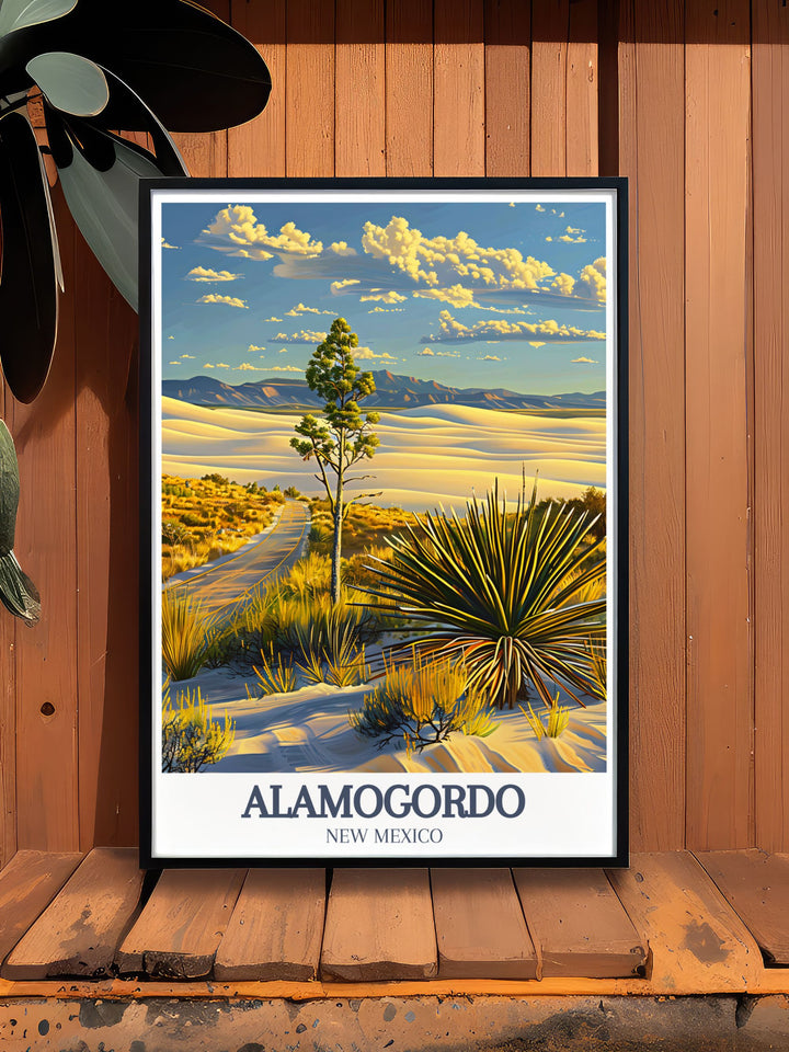 New Mexico travel poster featuring White Sands National Park and Tularosa Basin a perfect addition to your home decor bringing the beauty of Alamogordo into your living space and making a great gift for lovers of New Mexicos unique landscapes.