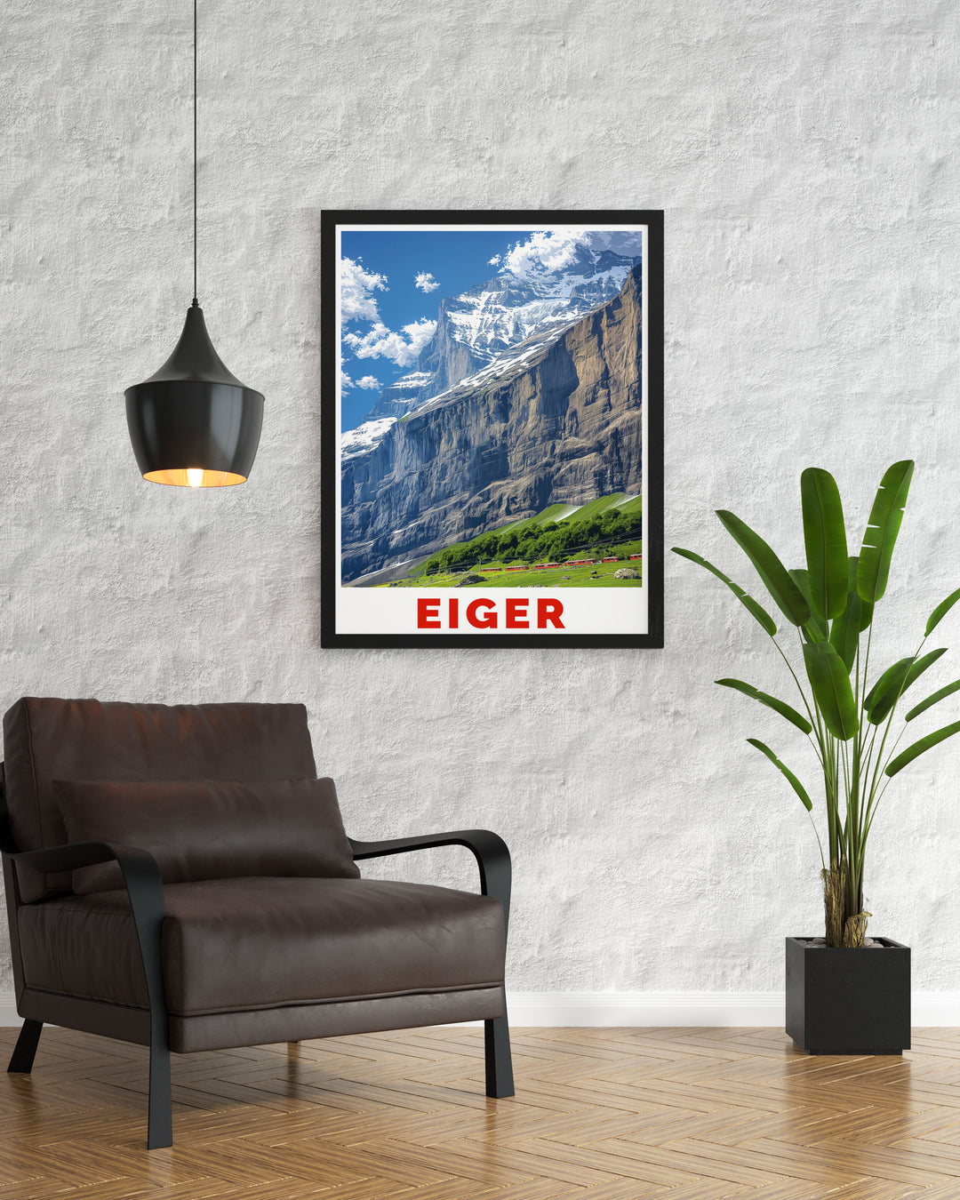 Retro travel poster of the Eiger highlighting the mountains rugged beauty and the charming village of Grindelwald a perfect piece for those who appreciate vintage aesthetics and the timeless appeal of Switzerlands iconic landscapes.