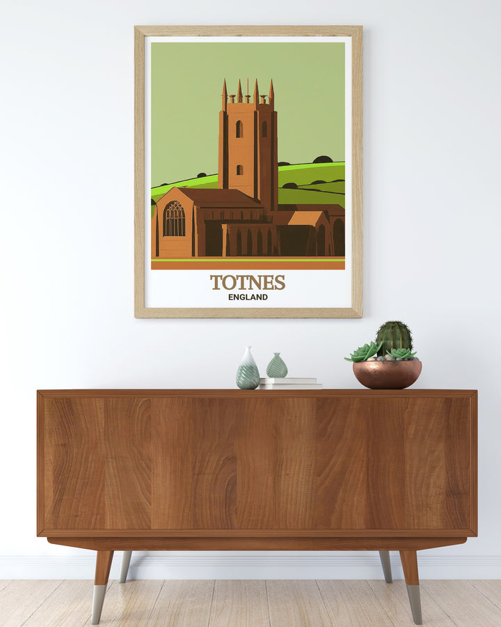 St. Marys Church in Totnes art print, showcasing the intricate Gothic architecture and serene surroundings of this historic site. A beautiful addition to any room, bringing a piece of Englands rich heritage into your home. Ideal for art lovers and history buffs.