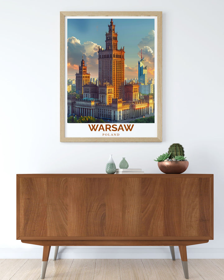 Stunning Polish decor art featuring the Palace of Culture and Science in a framed print designed to elevate your living room decor with a modern and elegant touch ideal for those who love Warsaw Polish art and architectural beauty.