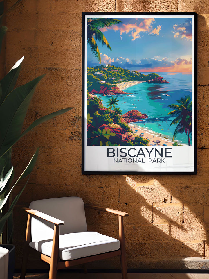 Beautiful Biscayne National Park travel poster capturing the scenic Elliot Key Trail and the underwater beauty of the coral reefs, perfect for enhancing your home or office with the parks iconic landmarks.
