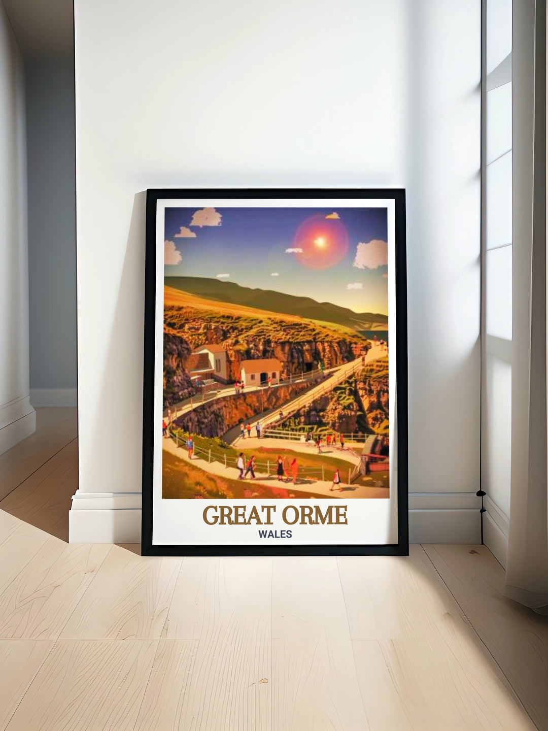 Elevate your space with this beautiful travel print of the Great Orme in Conwy, Wales. The poster showcases the stunning cliffs and the fascinating copper mines, making it a striking piece of art for any room.