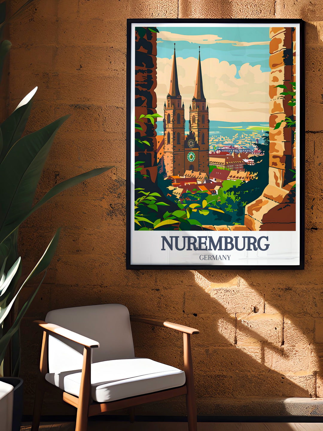 Germany vintage poster showcasing the stunning architecture of St. Lorenz Church in Nuremberg. This travel print blends the historical significance of the church with a sleek, modern design, offering a timeless piece of art for any space. Perfect for home decor or personalized gifts.