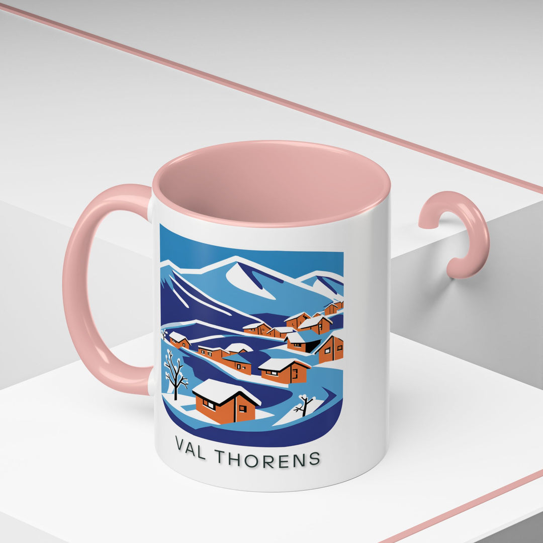 A premium Val Thorens mug displaying the resorts scenic landscapes in vibrant detail. Made from durable ceramic, dishwasher and microwave safe, combining practicality with artistic expression for everyday enjoyment or special occasions, celebrating Val Thorens unique spirit.