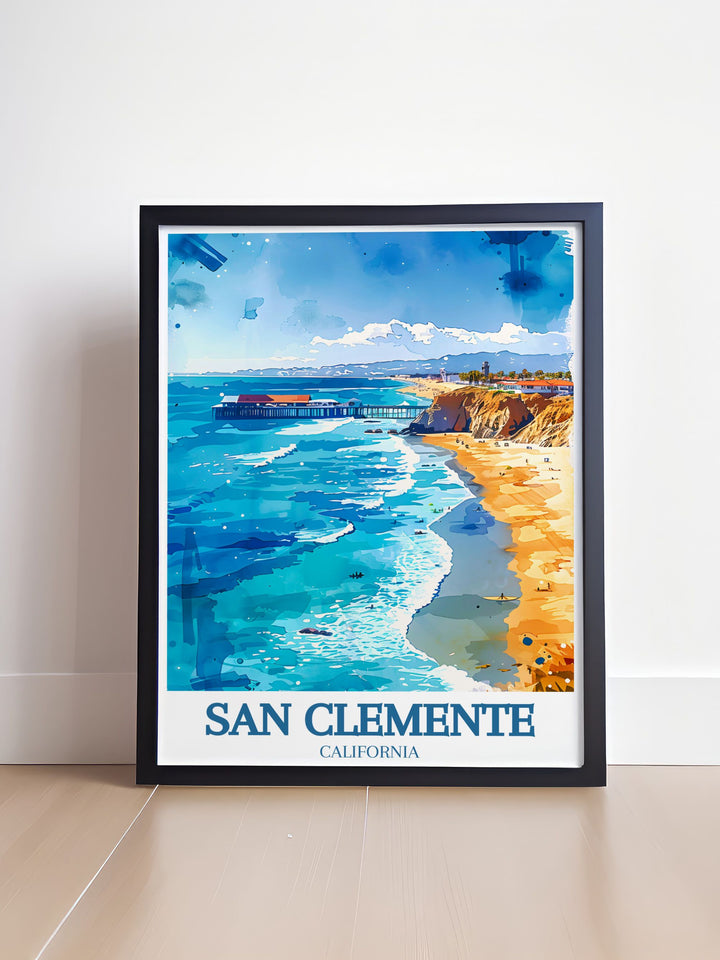 City Print of San Clemente with a detailed street map and the Railfanning train San Clemente pier. This print is ideal for those who love modern art and colorful decor perfect for gifts or personal collection.