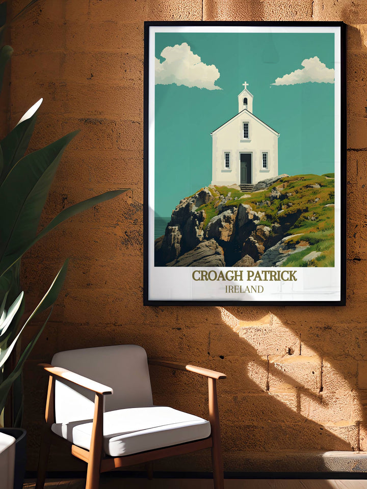 Celebrate the legacy of Saint Patrick with this beautiful Ireland travel print featuring the stunning landscapes of Croagh Patrick and St Patricks Church. Perfect for home decor and as a meaningful gift for lovers of Irish culture