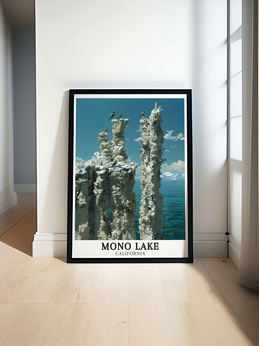 Beautiful Mono Lake Art featuring Tufa towers and Sierra Nevada Mountains. This stunning California wall art brings natural beauty into your home decor with a perfect view of one of the states most iconic travel destinations.