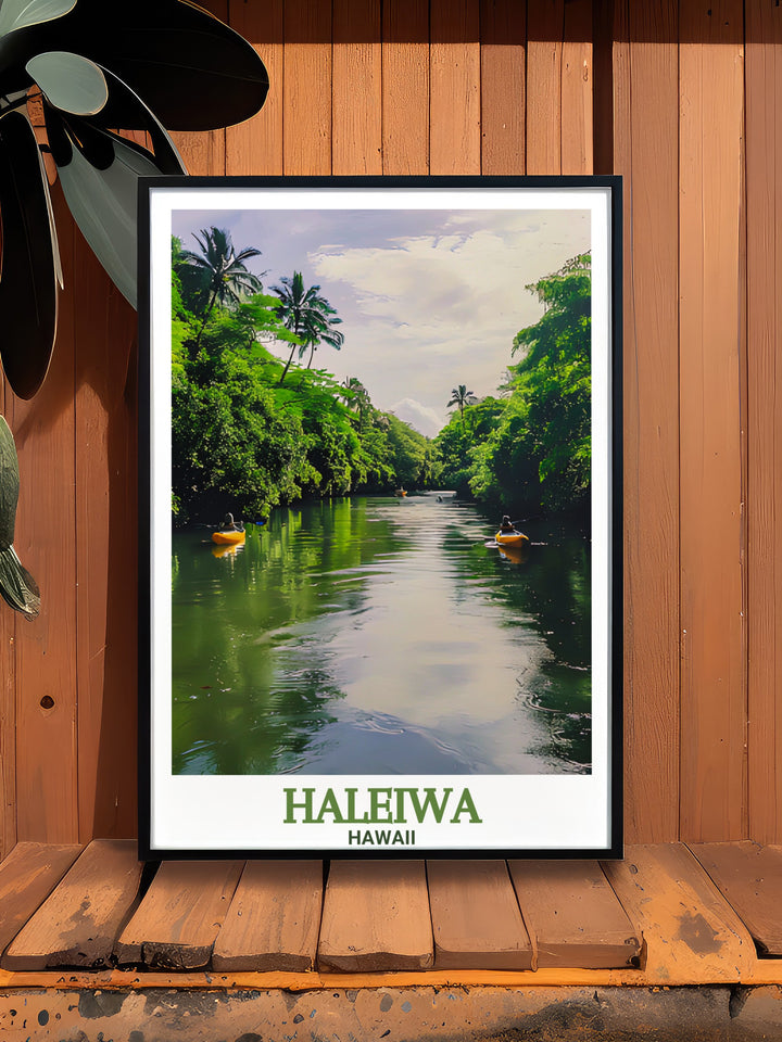 Explore the charm of Haleiwa with this striking travel poster Featuring the Anahulu River Haleiwa River and the city skyline it blends the natural beauty of Hawaii with a touch of elegance in this perfect wall art piece for any room