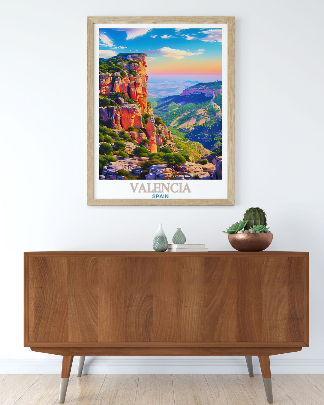 A vibrant travel print capturing the dynamic city of Valencia with the scenic El Garbí in the background. Ideal for those who love urban exploration and outdoor adventure, this poster adds a touch of Spanish charm to any room and makes a thoughtful gift for travelers.