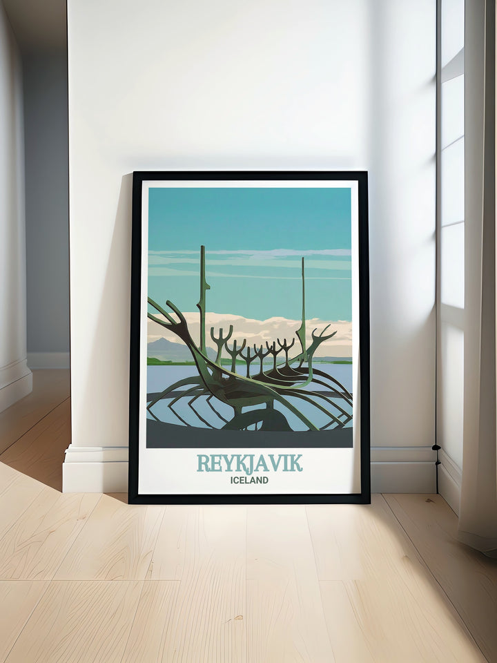 Sun Voyager art print capturing the minimalist beauty of Reykjaviks famous sculpture, a tribute to the spirit of discovery. This print is perfect for adding a piece of Icelands cultural heritage to your home decor.