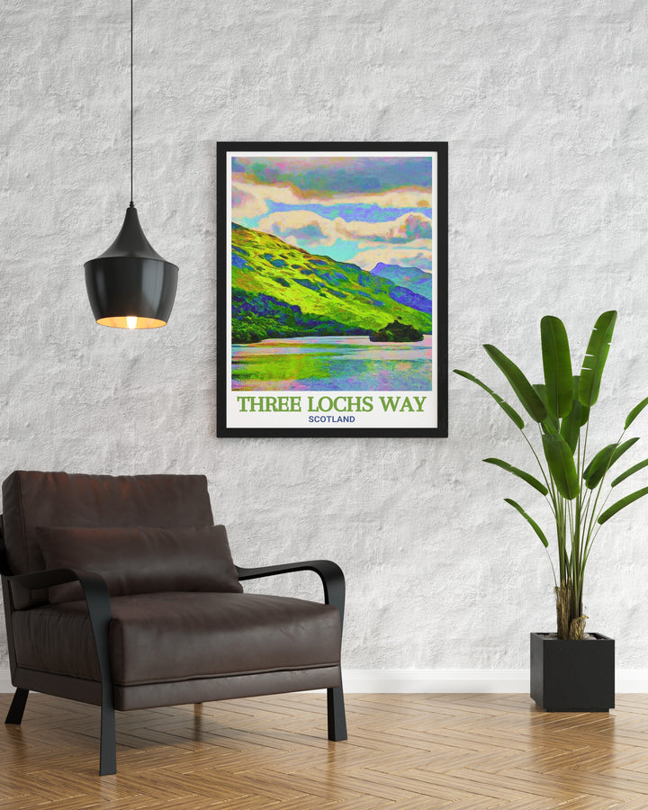 This canvas print of the Three Lochs Way captures the breathtaking views of Loch Lomond and Gare Loch. Ideal for anyone who appreciates hiking, nature, or Scotlands great outdoors, this artwork will transport you to the heart of the Scottish Highlands.