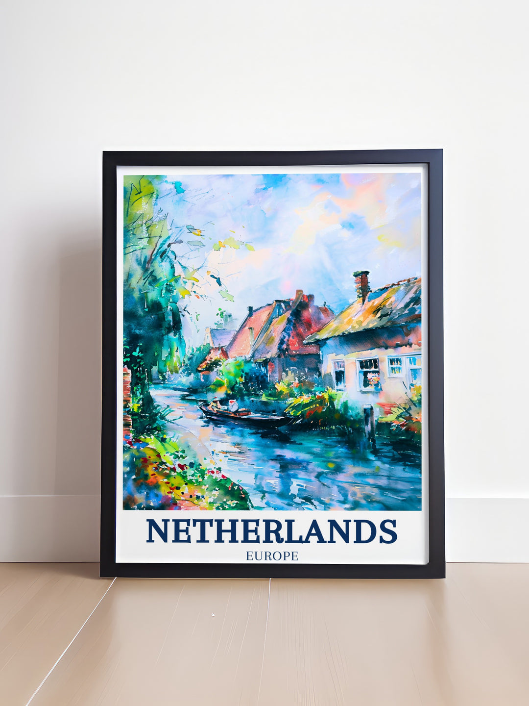 Beautiful framed print of Giethoorn Overijssel ideal for those who appreciate the serene beauty of Dutch landscapes and minimal travel prints this piece adds a sophisticated touch to any living room or office decor